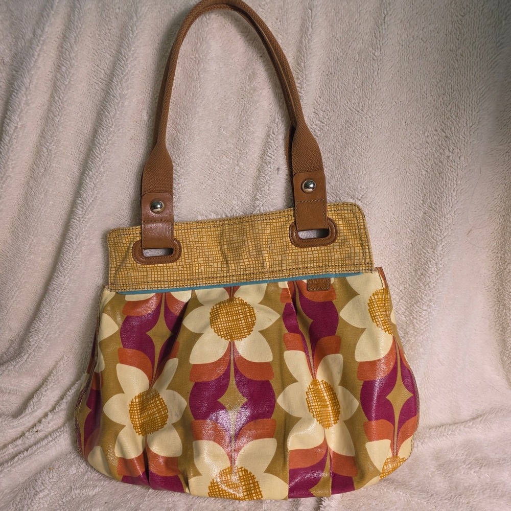 Fossil Key-Per Tote Bag Yellow Pink Gold Floral Coated Canvas‎ Retro Large